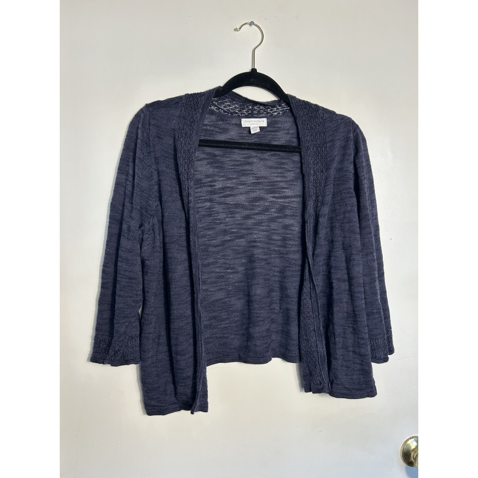 Charter Club Woman 1x Navy Blue Cardigan Open Front Crochet Trim Ramie Rayon